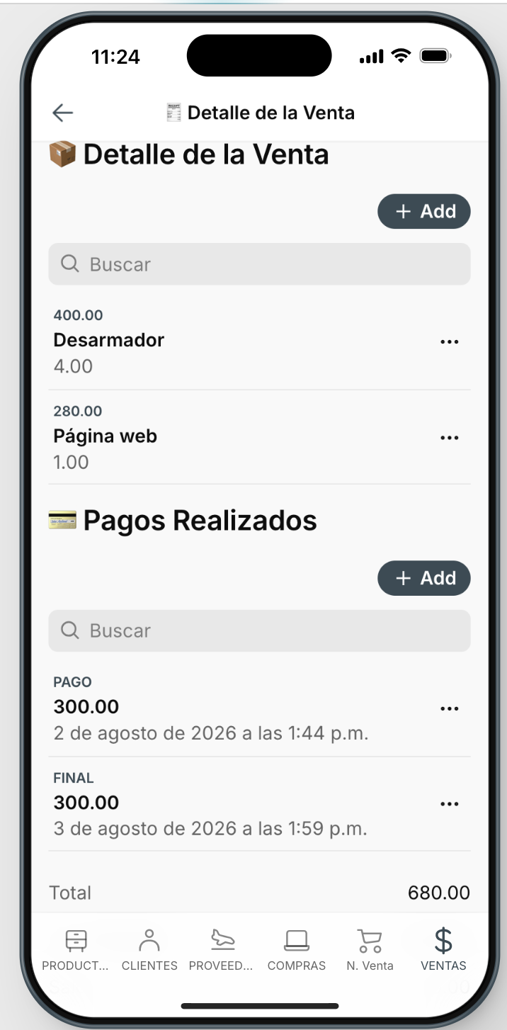 Detalle de venta y pagos en Veliora